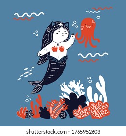 kitty-mermaid with her friends illustration in hand drawn doodle style. Cute sea creatures and animals. underwater world 