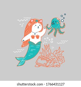kitty-mermaid with her friends illustration in hand drawn doodle style. Cute sea creatures and animals. underwater world 