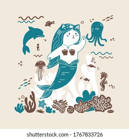 kitty-mermaid with her friends illustration in hand drawn doodle style. Cute sea creatures and animals. underwater world 