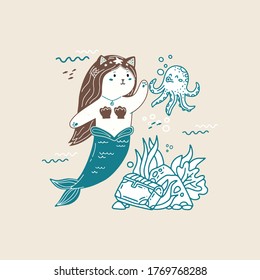 kitty-mermaid with her friends illustration in hand drawn doodle style. Cute sea creatures and animals. underwater world 
