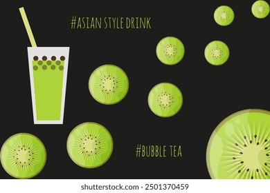 Kivi bubble tea banner design. Trendy 2024 asian tea background isolated black. Cold summer drink. Vector illustration for web advertising  banner. EPS 10