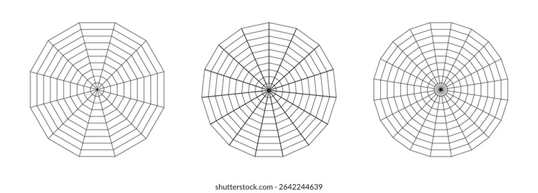Kiviat blank spider radar chart with twelve, fifteen and twenty segments. Sample of fifteen-angle, twelve-angle and twenty-angle chart. Analysis template. Vector illustration