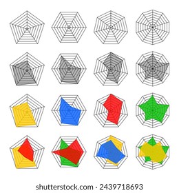 Kiviat Diagram template set. Spider web chart or radar statistics chart. Infographic elements. Data visualization. Vector illustration.