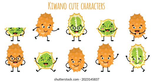 Kiwano fruit cute funny cheerful characters with different poses and emotions. Natural vitamin antioxidant detox food collection. Vector cartoon isolated illustration. Children concept.
