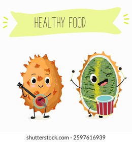 Kiwano fruit cute funny cheerful characters with different poses and emotions. Natural vitamin antioxidant detox food collection. Vector hand drawn illistration.