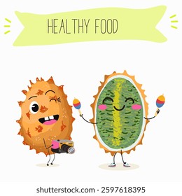 Kiwano fruit cute funny cheerful characters with different poses and emotions. Natural vitamin antioxidant detox food collection. Vector hand drawn illistration.