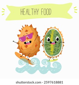 Kiwano fruit cute funny cheerful characters with different poses and emotions. Natural vitamin antioxidant detox food collection. Vector hand drawn illistration.