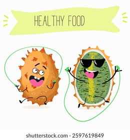 Kiwano fruit cute funny cheerful characters with different poses and emotions. Natural vitamin antioxidant detox food collection. Vector hand drawn illistration.