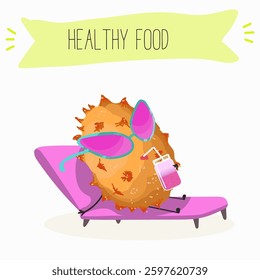 Kiwano fruit cute funny cheerful characters with different poses and emotions. Natural vitamin antioxidant detox food collection. Vector hand drawn illistration.