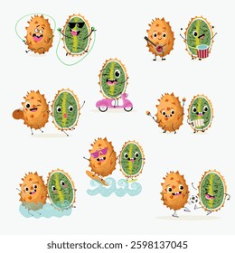 Kiwano fruit cute funny cheerful characters with different poses and emotions. Natural vitamin antioxidant detox food collection. Vector hand drawn illistration.