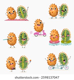 Kiwano fruit cute funny cheerful characters with different poses and emotions. Natural vitamin antioxidant detox food collection. Vector hand drawn illistration.