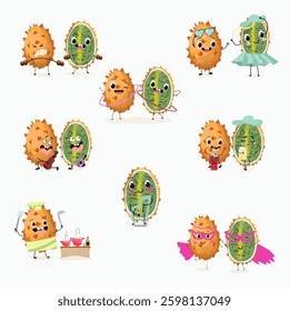 Kiwano fruit cute funny cheerful characters with different poses and emotions. Natural vitamin antioxidant detox food collection. Vector hand drawn illistration.