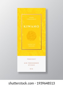 Kiwano Fruit Home Fragrance Abstract Vector Label Template. Hand Drawn Sketch Flowers, Leaves Background and Retro Typography. Premium Room Perfume Packaging Design Layout. Realistic Mockup. Isolated.