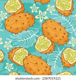 Kiwano fruit seamless pattern on a blue background with exotic leaves and flowers. Perfect for wallpaper, food wrapping paper, fabric, background etc