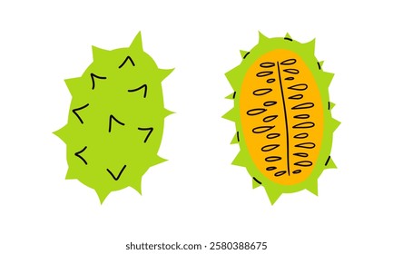 Kiwano fruits, cucumis metulifer, horned melon. Vector hand drawn, colored illustration doodle flat ahand drawn illustration , tropical fruit , healthy vitamins diet .