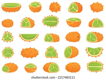 Kiwano icons set cartoon vector. Natural food. Flower leaves