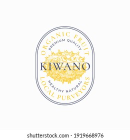 Kiwano Purveyors Oval Frame Badge or Logo Template. Hand Drawn Fruits Sketch with Retro Typography and Borders. Vintage Premium Emblem. Isolated.