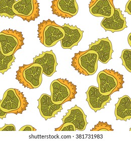Kiwano Seamless Pattern. Collection of Exotic Fruits.  Vector isolated illustration for design menus, recipes and packages product.