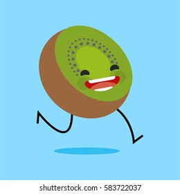 kiwi (Actinidia deliciosa) with cute face. Illustration funny and healthy food cartoon. Blue background
