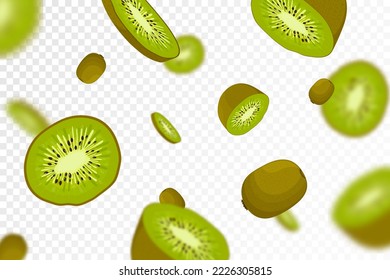 Kiwi Hintergrund. Fliegend ganze und die Hälfte Kiwi Frucht, nahtloses Muster mit entfochtener unscharfer Wirkung. Kann für Tapete, Banner, Poster, Druck, Stoff, Packpapier verwendet werden. Vektorflachdesign