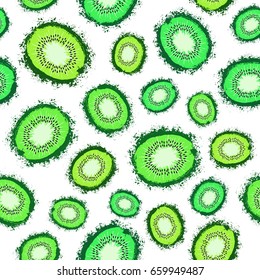 Kiwi Background. Fruit Painted Pattern. Seamless chaotic decoration for kitchen wallpaper, poster print, furniture textile, fashion fabric. Bright kiwifruit slices with seeds. Vector illustration.