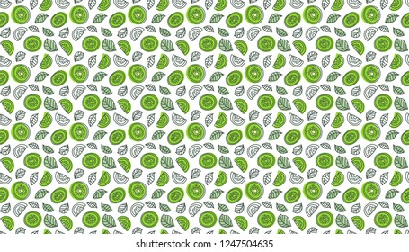 Kiwi background. Seamless pattern. Hand drawn fresh tropical fruit. Vector sketch. Doodle wallpaper. Green print