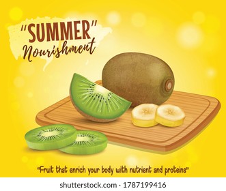 Kiwi and banana pieces vector illustration on yellow background