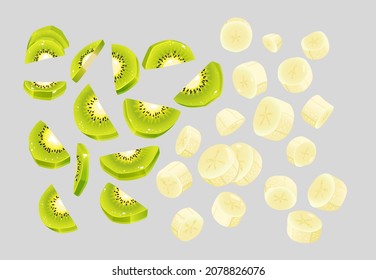 kiwi and banana slices set vector illustration on isolated background