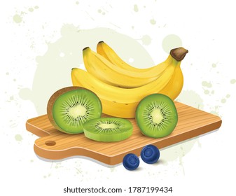 Kiwi and banana vector illustration on wooden chopping board