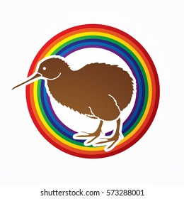 Kiwi bird designed on line rainbows background graphic vector.
