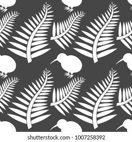 Kiwi bird and ferns seamless pattern. Vector illustration