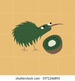 Kiwi bird and kiwi fruit. Funny animals vector illustration.