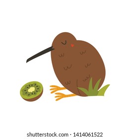 Kiwi bird and kiwi fruit isolated on white background. Cartoon vector illustration