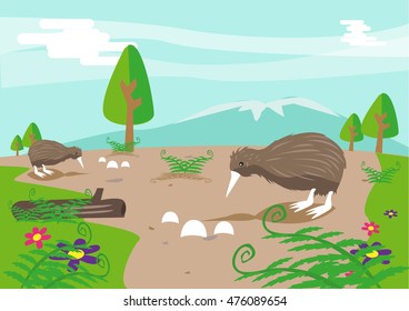 Kiwi Bird guarding its eggs. The bird is the national symbol of New Zealand. Editable Clip Art.