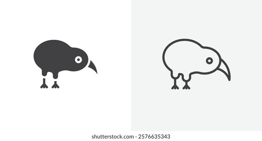 Kiwi bird icon set in black flat solid and outlined style.