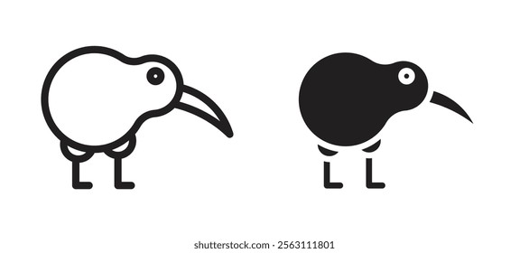 Kiwi bird icons in black line and filled versions