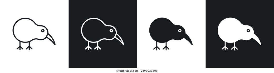 Kiwi bird icons in flat and linear vector illustration on white background.