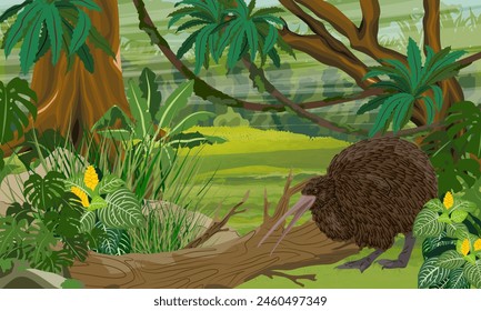 Pájaro kiwi buscando comida en la selva. Fauna de la Nueva Zelanda. Paisaje de Vector realista