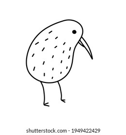 Kiwi bird. Rare Australian animal. Black and white sketch style. Cartoon illustration isolated