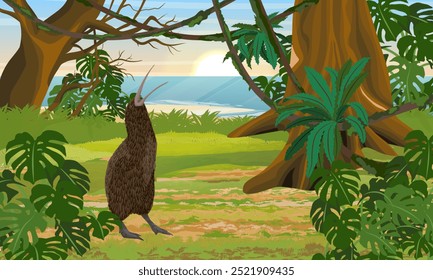 Pájaro kiwi gritando en la selva en la orilla del océano. Fauna de la Nueva Zelanda. Paisaje de Vector realista