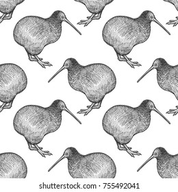 Kiwi bird. Seamless pattern with animals of Australia. Hand drawing of wildlife. Vector illustration art. Black and white. Old engraving. Vintage. Design for fabrics, paper, textiles, fashion.