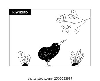 Kiwi bird seen from the side standing among plants, black and white, outline, vector illustration.