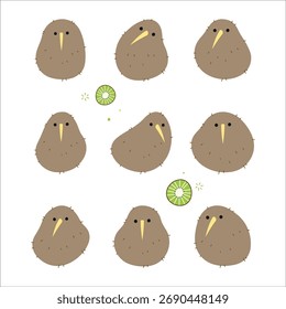 Kiwi pássaro definir 3 bonito em um fundo branco, ilustração vetorial.