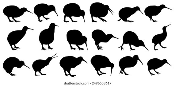 Kiwi bird silhouette vector illustration set