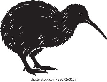 Kiwi bird silhouette vector illustration, black and white flightless bird icon with long beak and textured feathers isolated on a white background.