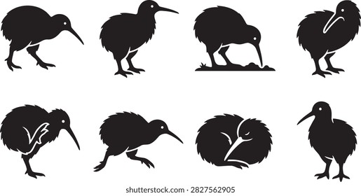 Kiwi bird silhouettes showing flightless bird foraging behaviors
