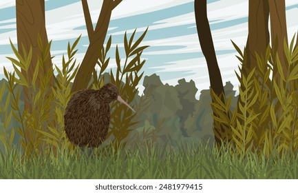 El pájaro kiwi se encuentra en la hierba verde del bosque tropical. Fauna de la Nueva Zelanda. Paisaje de Vector realista