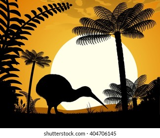 Kiwi bird at sunset. Kiwi bird on a background of tree ferns. Vector illustration.
