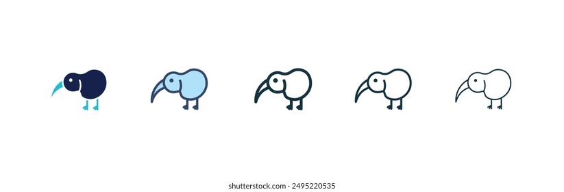 Kiwi bird vector icon set black filled and outlined style.