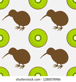 Kiwi Birds And Fruit Seamless Pattern. Vector Illustration